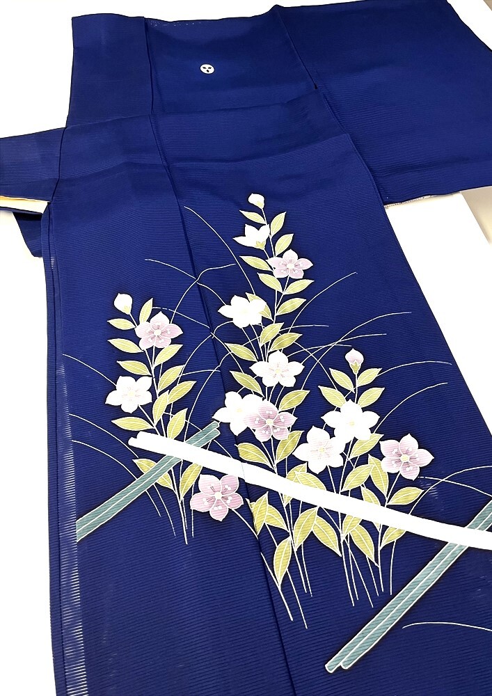 花とら●リサイクル着物　色留袖　夏着物　絽　青　紺　桔梗　着用可能　リメイク　素材　細工用　　　　250526