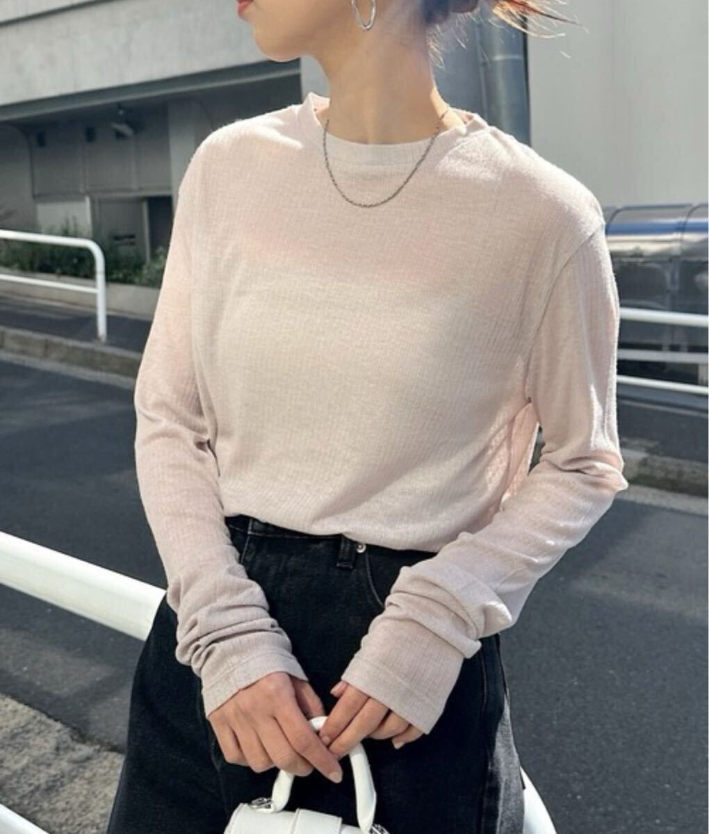 アンドミー andme tシャツ テレコシアークルーネック長袖トップス レディース グレイッシュベージュ ベージュ クルーネック F L シアー 