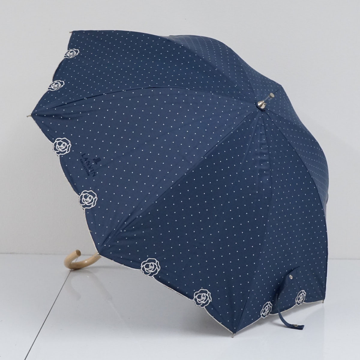 晴雨兼用日傘 LANVIN COLLECTION ランバンコレクション USED品 ドット ネイビー 刺繍 UV 遮光 A2627