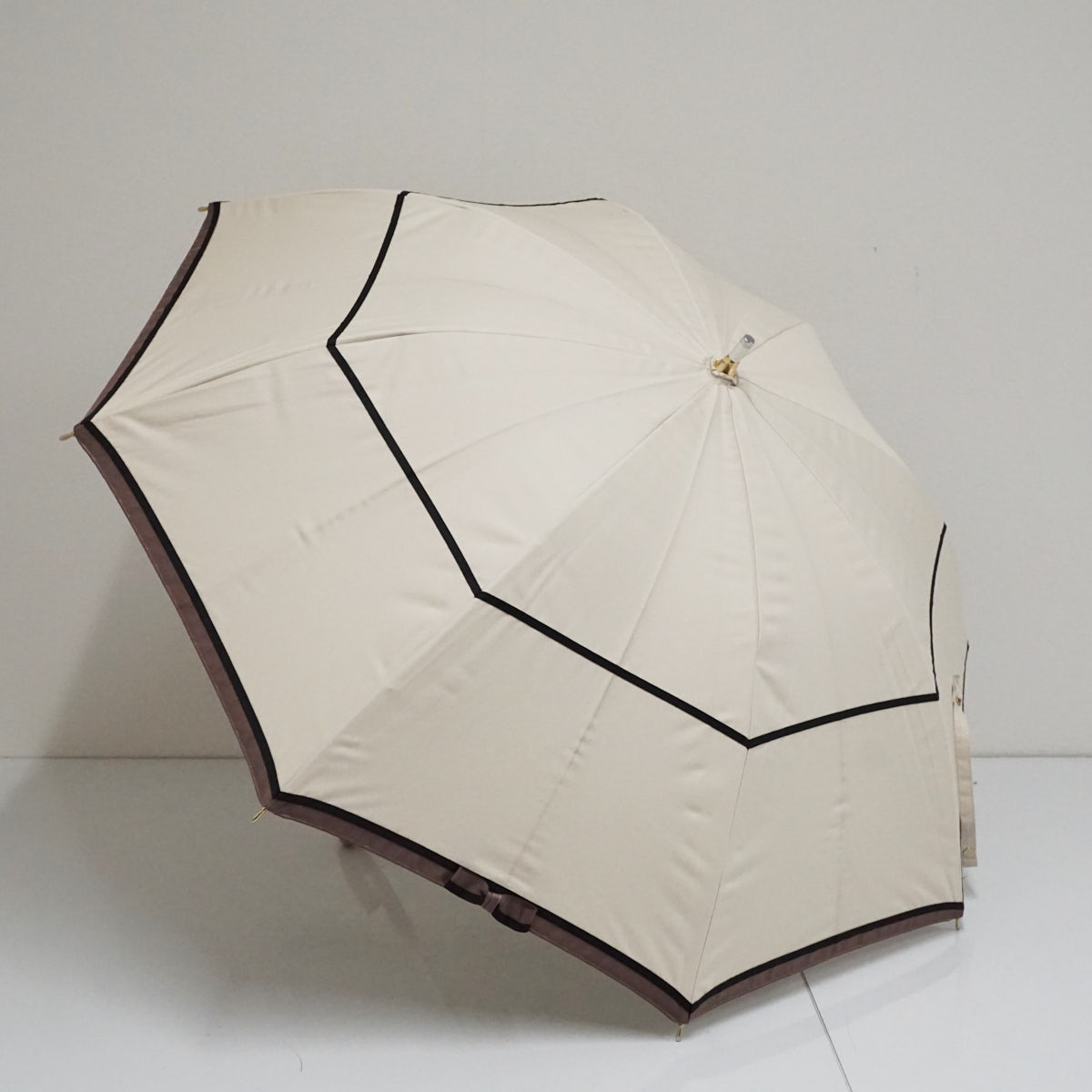 晴雨兼用日傘 GRACY グレイシイ USED美品 高級 リボン 遮光 UV ベージュ×ブラウン 50cm A2743