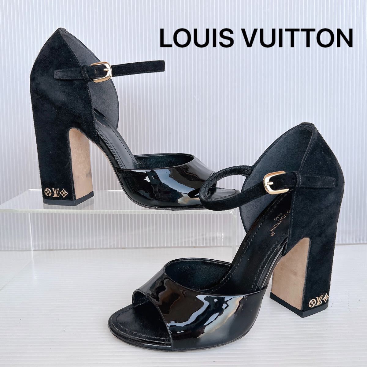 LOUIS VUITTON ルイヴィトン LV モノグラム 太ヒール ストラップ付き ハイヒール サンダル 黒 美品 レーディス シューズ 靴 36.5イタリア製