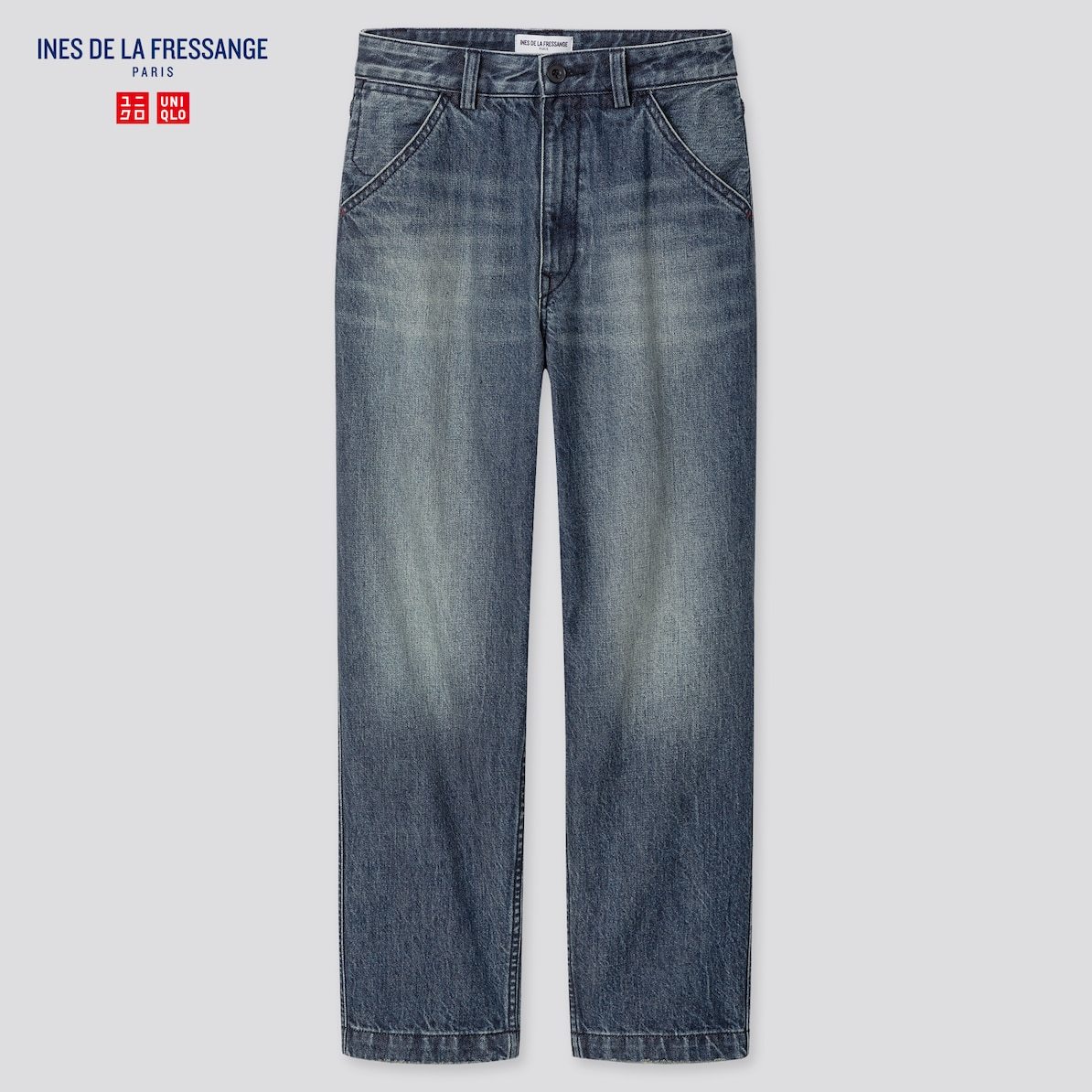 【新品・28インチ・ブルー　デニム】ユニクロ×イネス INES DE LA FRESSANGE ストレートジーンズ　ステッチワークやディテールをアレンジ