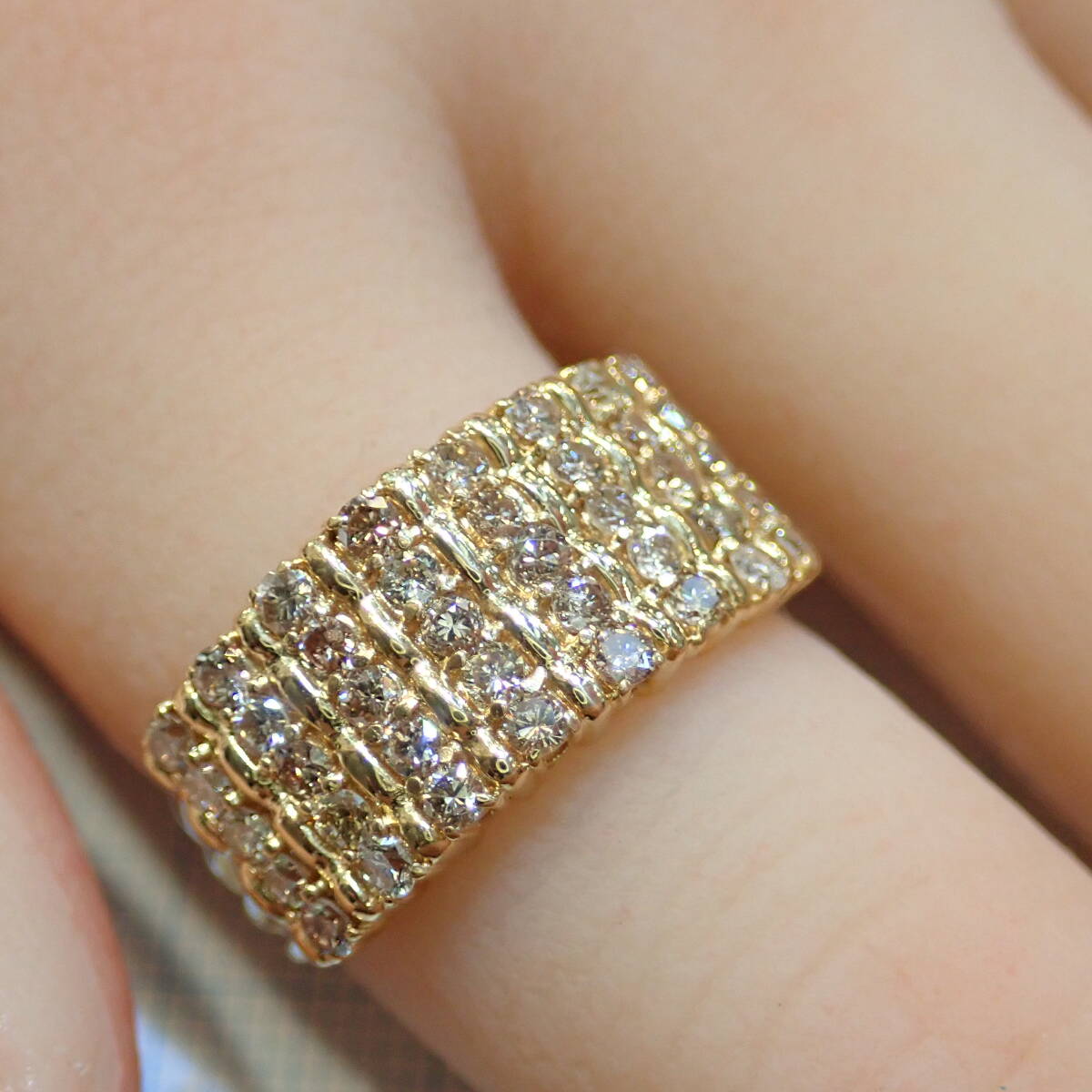 ■K18YG ダイヤモンドファッションリング D:1.02ct■ボリューム■ライトブラウン系■指輪■中古磨き仕上げ■