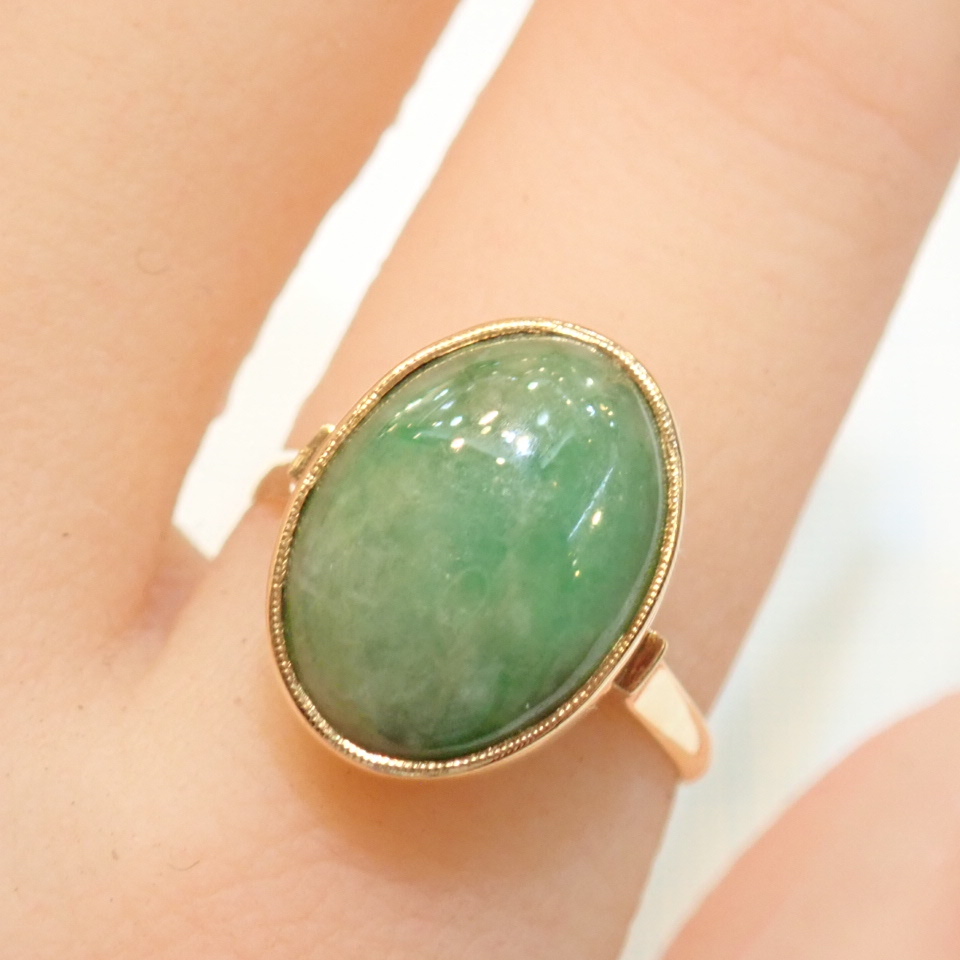 ■K18 翡翠リング■覆輪留め ミル打ち 王冠透かし■アンティーク 昭和レトロ■ヒスイ ひすい■指輪■中古磨き仕上げ■