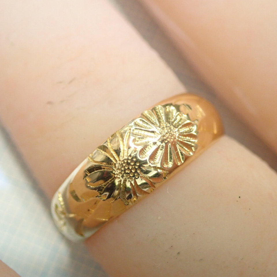 ■K18 月型甲丸リング 和彫 模様彫り■アンティーク 昭和レトロ■月形甲丸 指輪■中古磨き仕上げ■