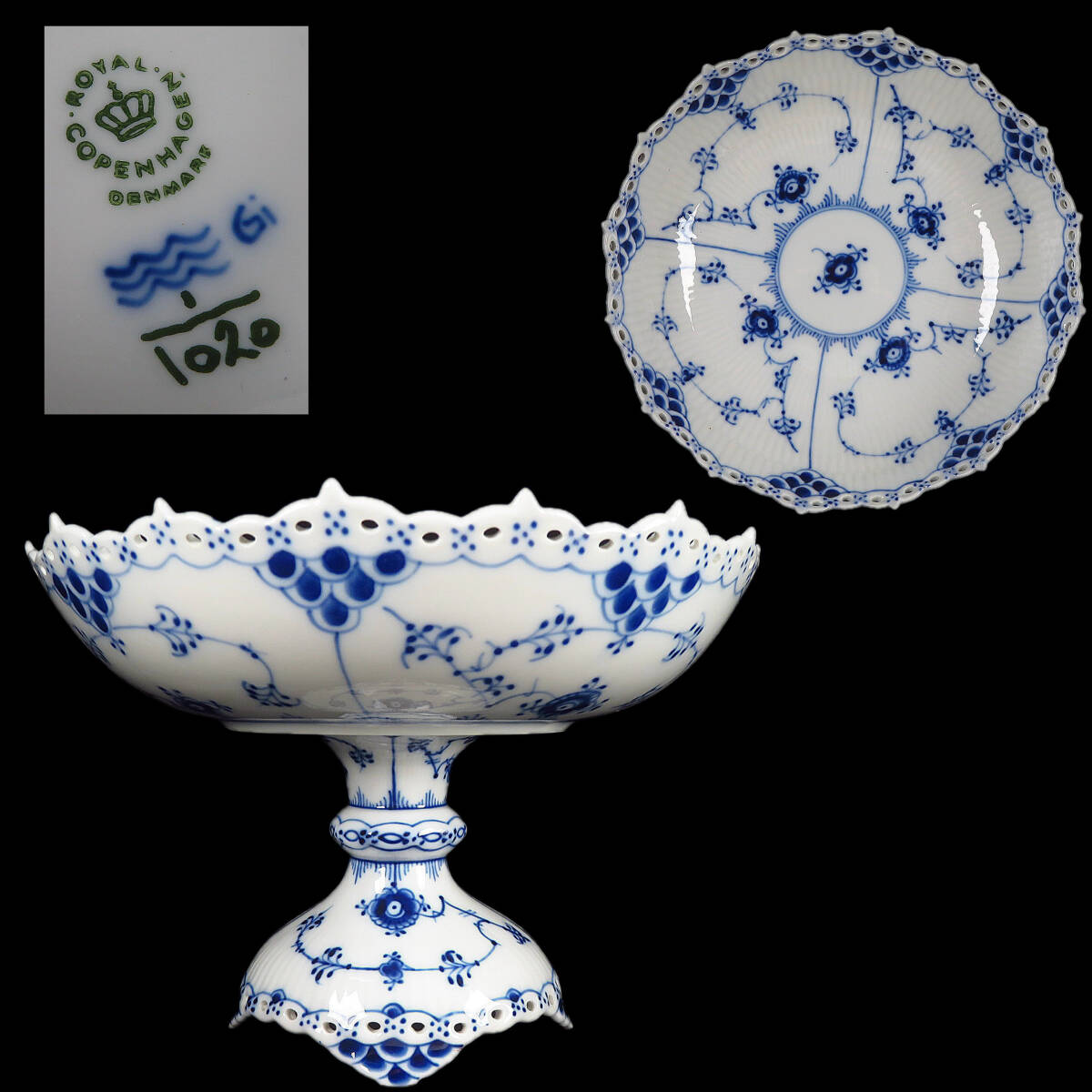 【SAKURAYA】資産家整理品 ROYAL COPENHAGEN ロイヤルコペンハーゲン ブルーフルーテッド フルレース コンポート 西洋美術 骨董品 高さ24cm