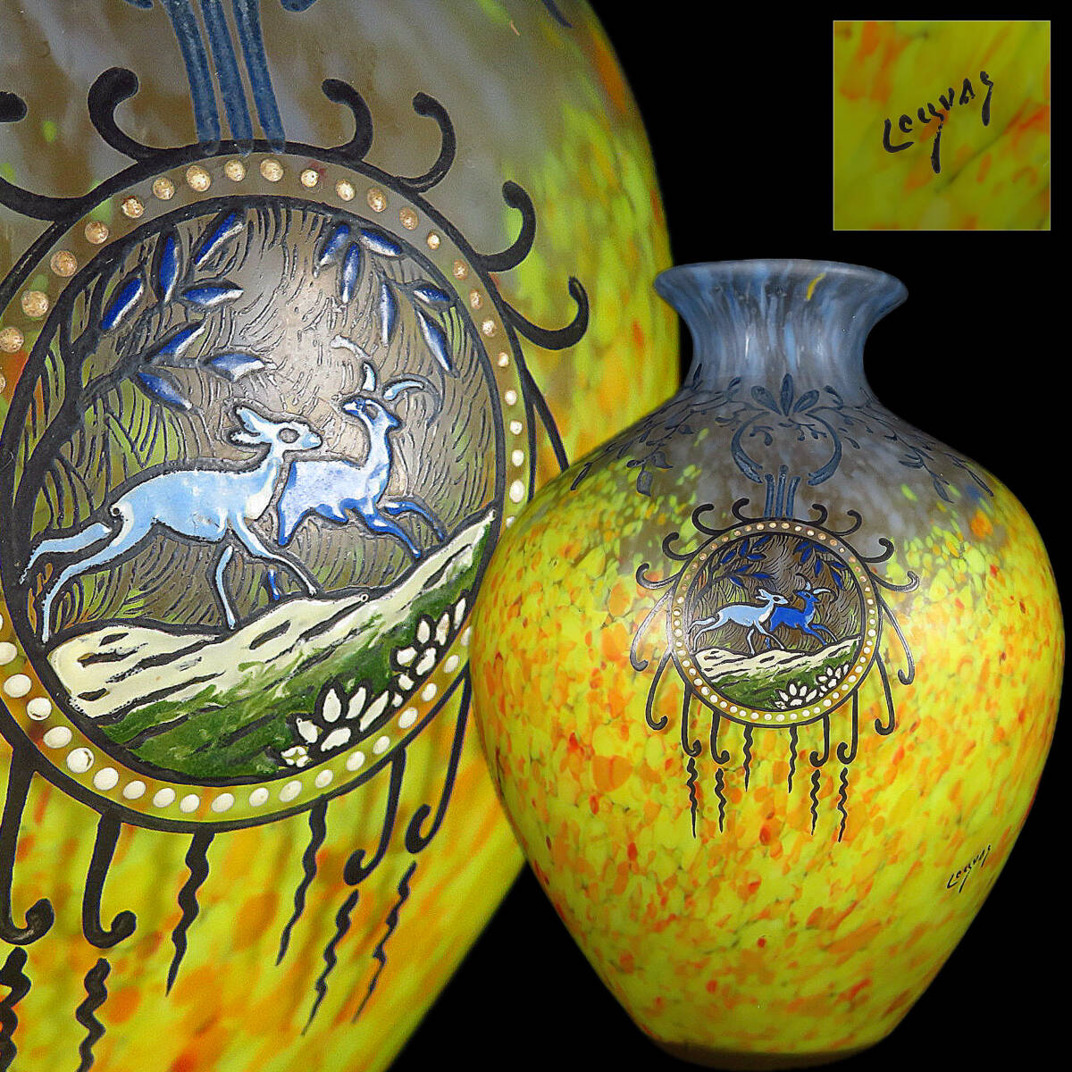 【SAKURAYA】資産家整理品【フランス Legras ルグラ エナメル彩鹿文花瓶】希少品 飾壺 西洋美術 時代 アンティーク 工芸ガラス 高さ23.5cm