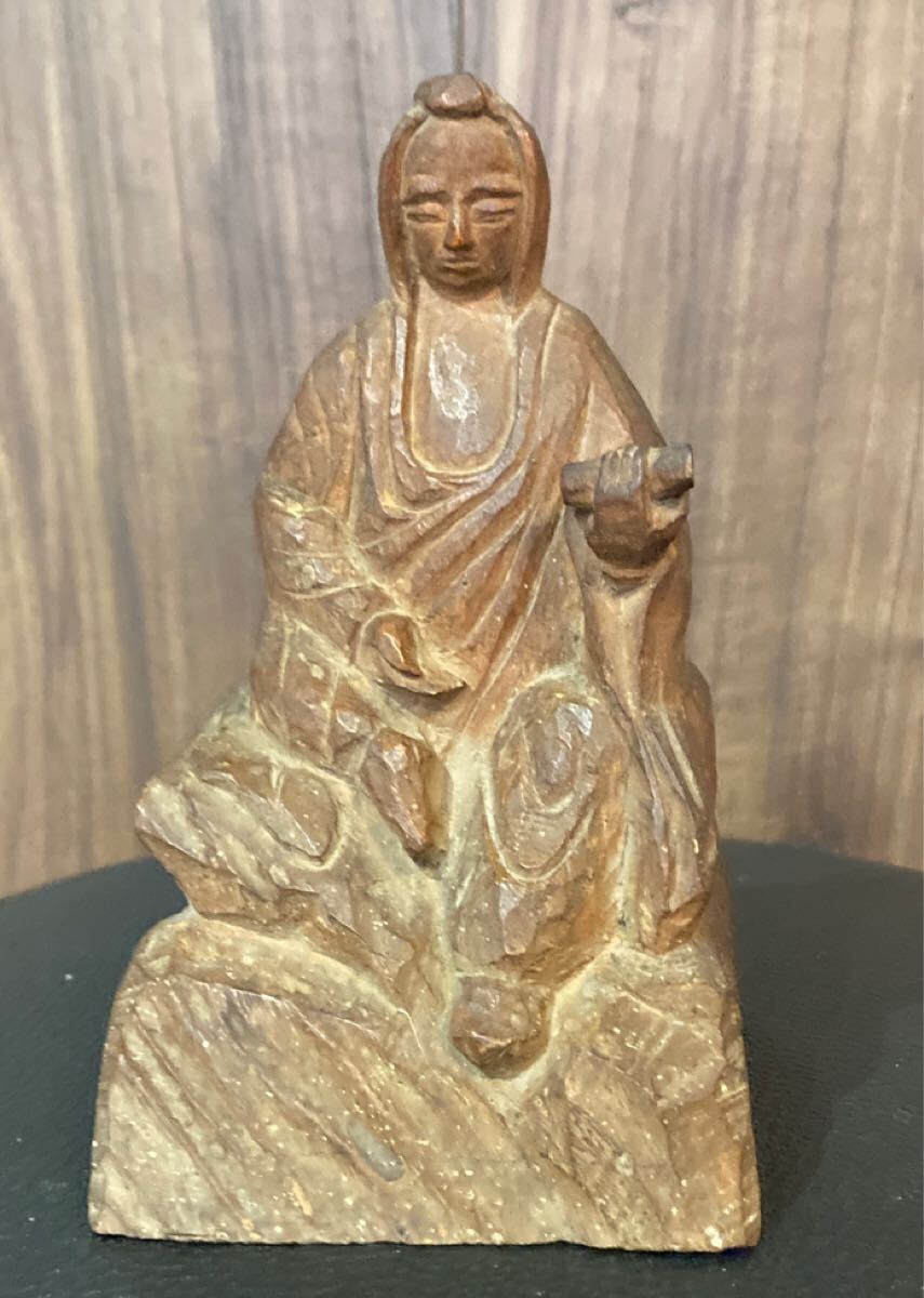 【 一刀彫 坐像 高さ約15cm 幅約8.3cm 奥行約9cm 】 木彫 彫刻 時代 仏教美術 東洋美術 時代物 置物 アンティーク オリエンタル