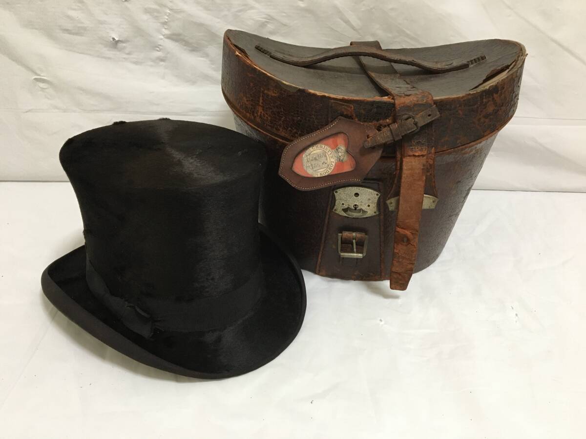 □ L450 □ビンテージ アンティーク シルクハット CHRISTY'S LONDON クリスティーズ ロンドン 革ケース付