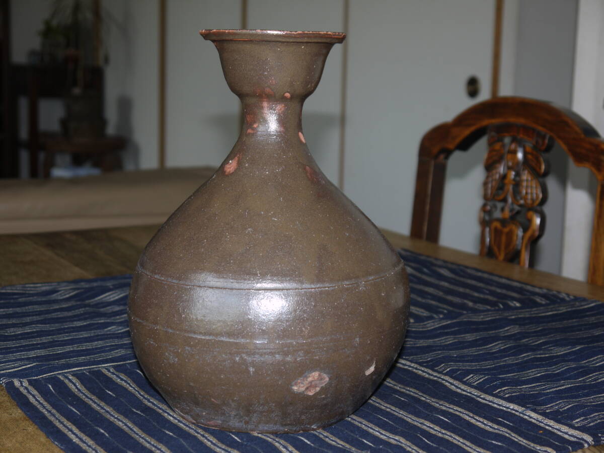 李朝　黒高麗　黒釉盤口瓶　大徳利　検/会寧