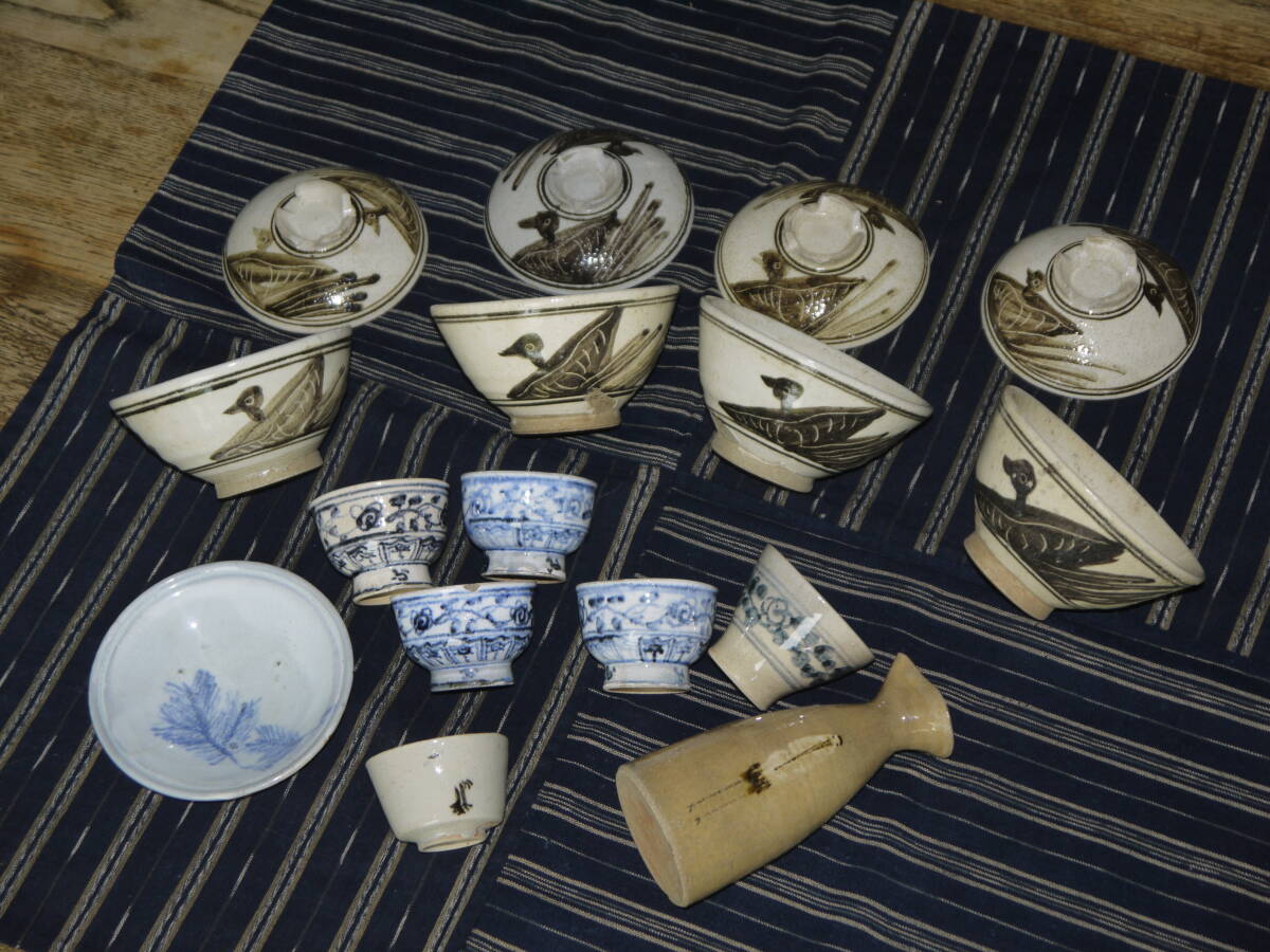 明治期 古曽部焼 蓋碗 徳利 小皿 煎茶碗 全12点 銘『古曽部』 検/摂津　高槻