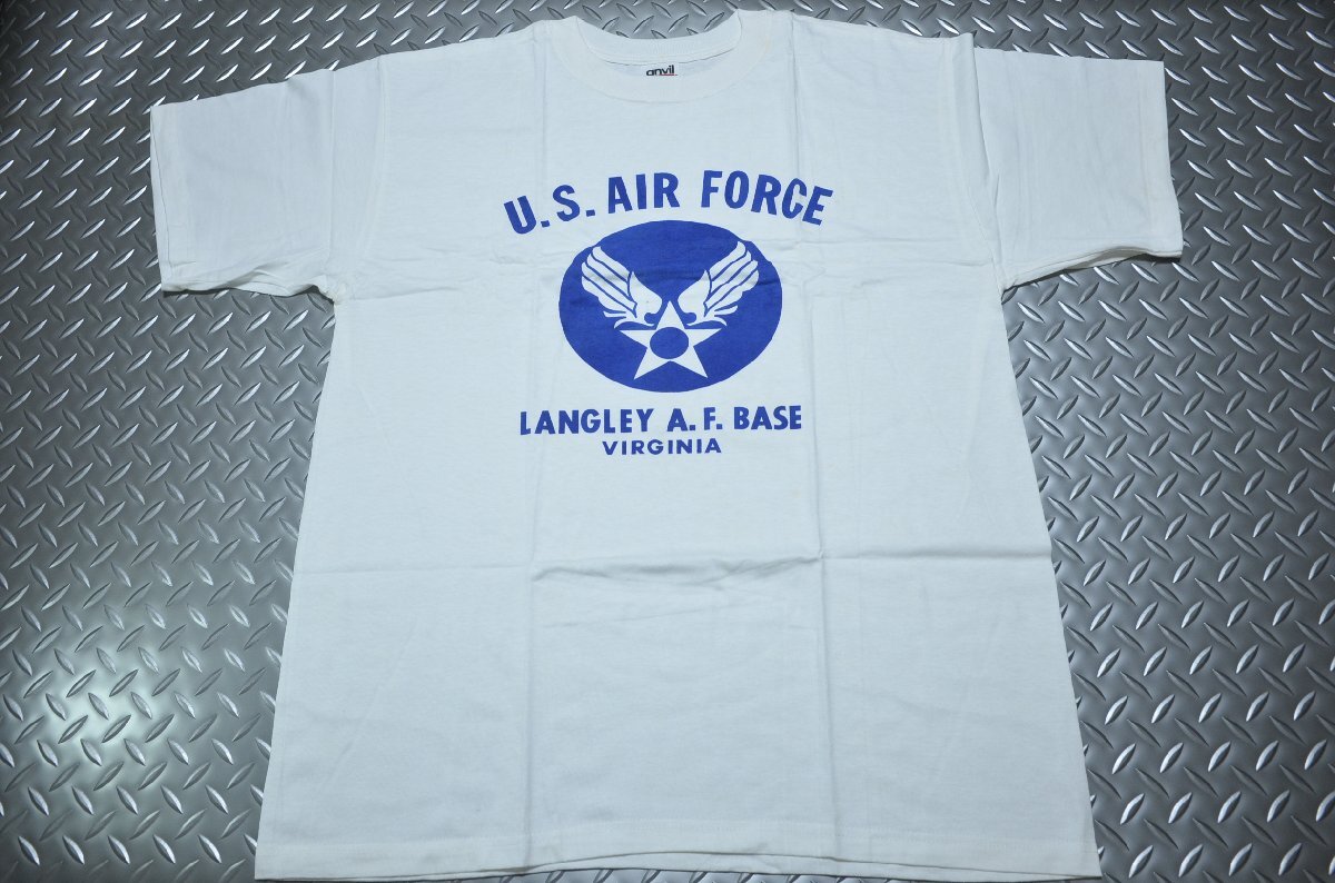 当時物 デッドストック☆anvil U.S. AIR FORCE LANGLEY A.F. BASE VIRGINIA ブルー プリント Tシャツ M☆USA エアフォース アンビル ’90