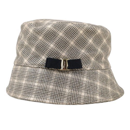 【美品】 Salvatore Ferragamo サルヴァトーレ フェラガモ バケットハット ゴールドチェック カーフレザー リボン ゴールド金具 帽子