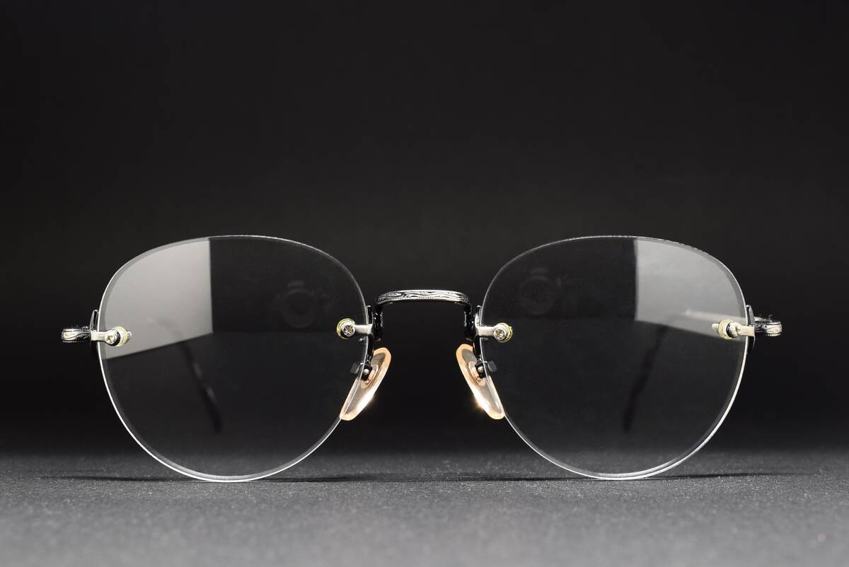 デッドストック 4811 52-18 リムレス ラウンド メガネ サングラス フレーム 彫金模様 アンティークグレー ツーポイント ふちなし