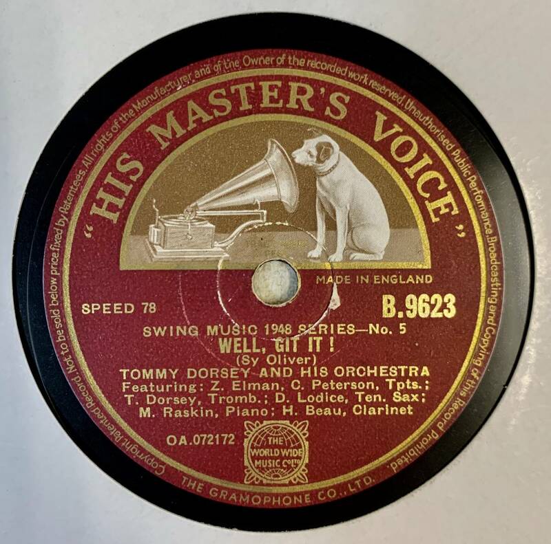 TOMMY DORSEY & HIS ORCHESTRA /WELL,GIT IT!/　TROMBONOLOGY （HMV B.9623)　SP盤　/　78rpm 　JAZZ 《英国版》