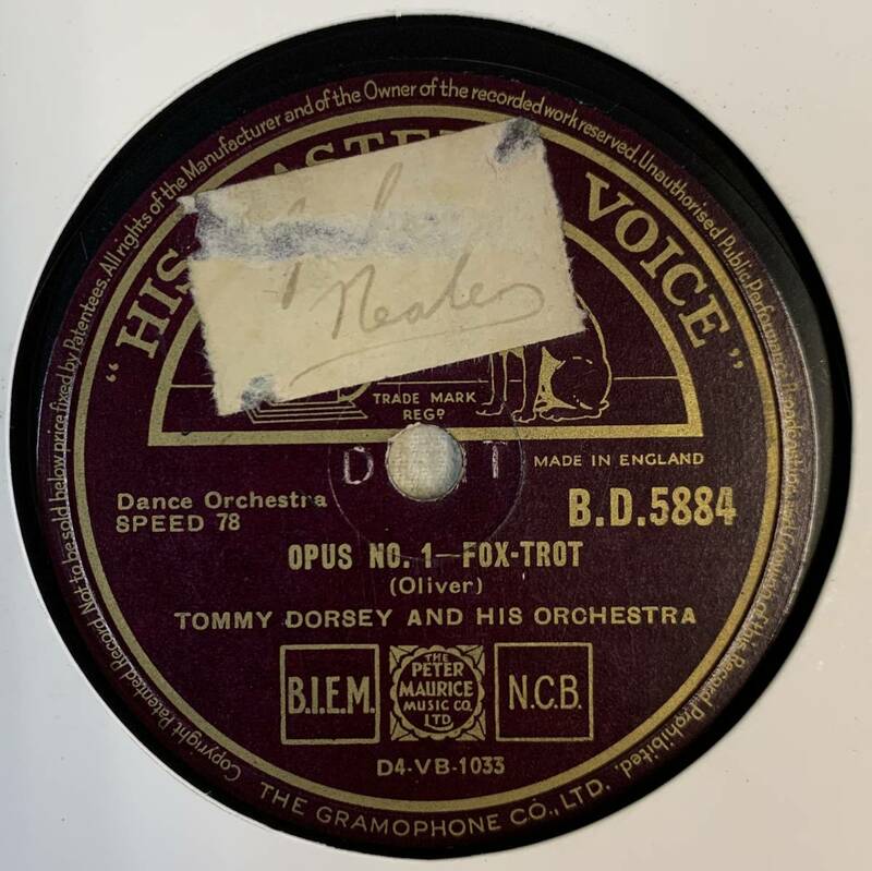 TOMMY DORSEY & HIS ORCHESTRA 　/OPUS NO.1 /SWING HIGH （HMV B.D.5884)　SP盤　78rpm 　JAZZ 《英》