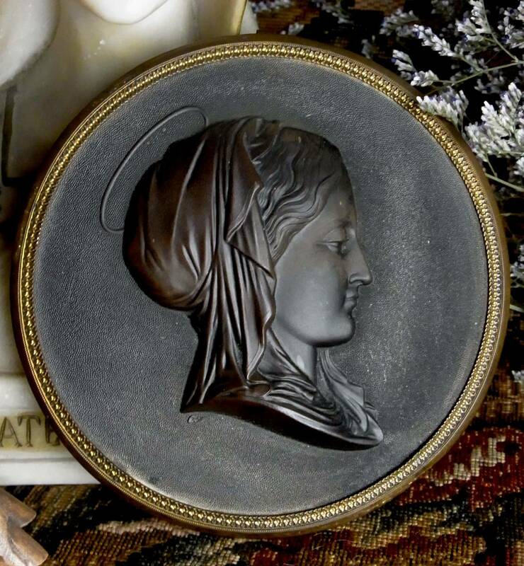 貴重 19世紀フランス BOIS DURCI 聖母マリアのメダイ ボワ・デュルシ製の縁付き大型メダイ 聖品 受胎告知の聖母 アンティーク