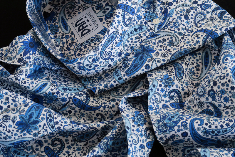 ★イタリアシャツDANROMA ドゥエボットーニ limited Edition 658 花柄ペイズリー・・鮮やかな白に鮮烈に青くペイズリー S 38-89