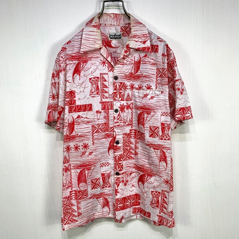 ハワイ製 NAPILI アロハシャツ ホワイト レッド 白 赤 総柄 半袖 シャツ ハワイアン オープンカラー 開襟 ヨット 花 島 ヤシの木