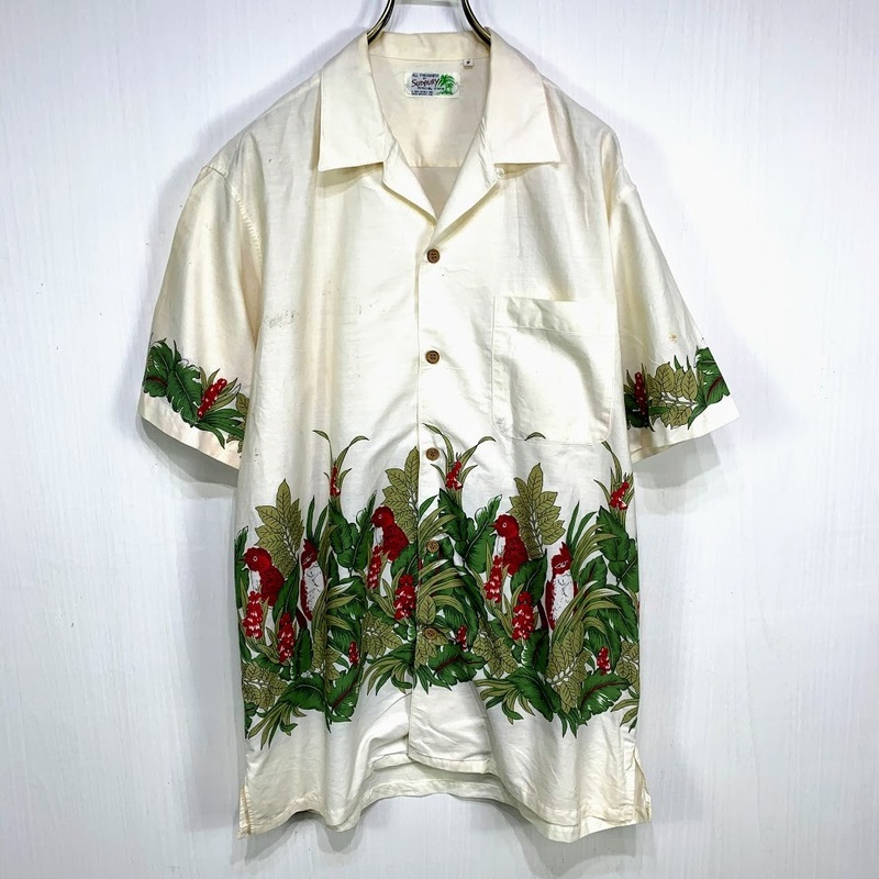 古着 アロハシャツ フリーサイズ ホワイト 白 総柄 半袖 シャツ ハワイアン オープンカラー 開襟 花 鳥 フラワー バード 日本製