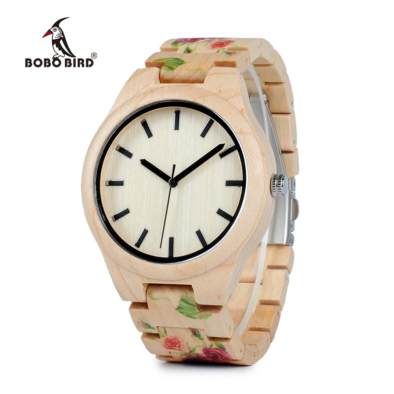 ボボバード WL26強いマツ木時計ブランドデザイナー腕時計男性女性新しい紫外線印刷フラワー木製バンドクォーツ時計