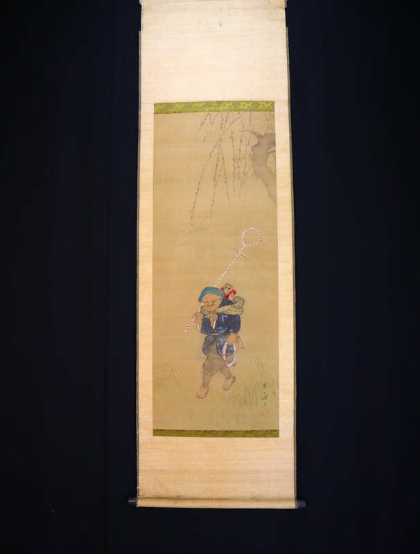 【真作】掛軸・英一蝶（1652～1724）・猿まわし・江戸中期の画家・本姓は藤原・画号は北窓翁