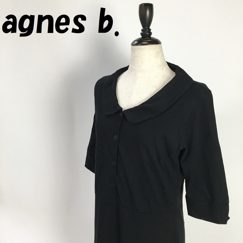 【人気】agnes b./アニエスベー 前中央ボタン 5分袖ワンピース ブラック レディース/S492