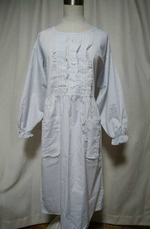 日本製 新品 洋装 フリル袖 スカラップレース 割烹着 白 着丈105㎝ ロング丈 かっぽう着