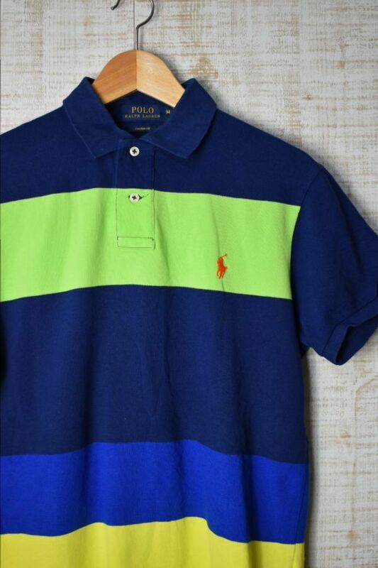 ☆US古着 POLO Ralph Lauren ラルフローレン カスタムFIT ポロシャツ ポニーロゴ 黄緑ネイビーイエロー【M】鹿の子　　　　　◆2465◆