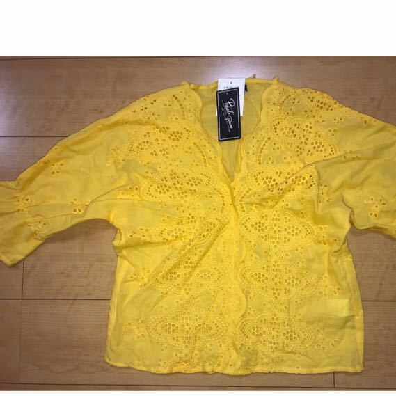 【新品タグ付】綿100％ コットンレース刺繍 七分袖 黄色 サイズM～L トップス