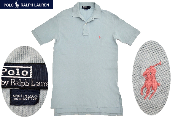 S-9411★送料無料★Polo by Ralph Lauren ポロ ラルフローレン★80'90' アメリカ USA製ヴィンテージ ブルー 鹿の子 半袖ポロシャツ Ｓ