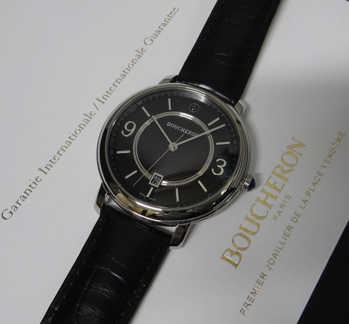 2025年2月購入 美品 BOUCHERON ブシュロン エピュール WA021204 自動巻 黒文字盤 メンズ 国際保証書あり 本物