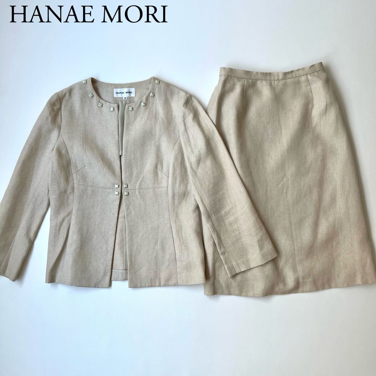 良品 HANAE MORI ハナエモリ 森英恵 セットアップスーツ ベージュ ノーカラージャケット タイトスカート ミディ丈 リネン シルク混 38