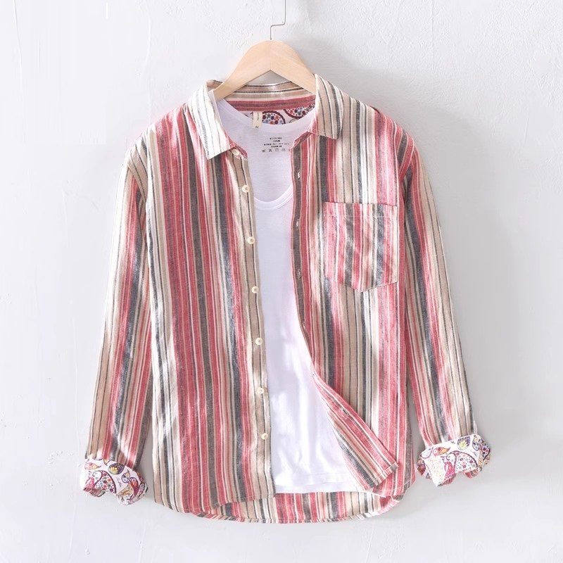 長袖シャツ メンズ 麻100% リネンシャツ 春夏 新入荷 ヴィンテージ 花柄 サマー 超希少 心地良し ストライプ柄 スリム 細身 赤系 M~3XL
