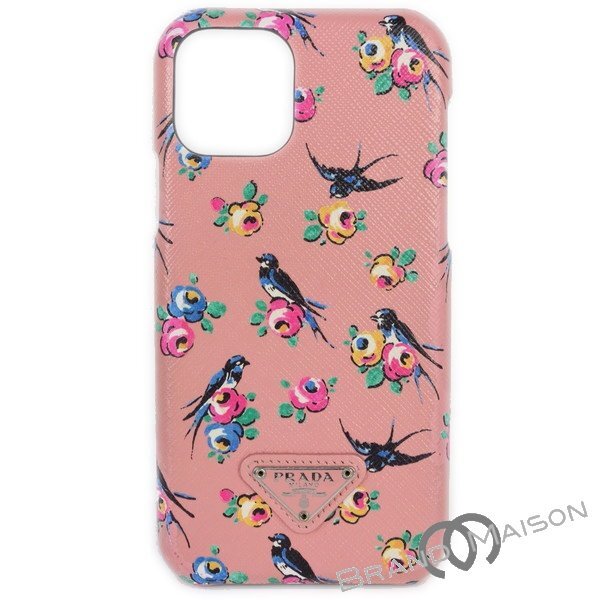 Bランク【プラダ】iPhone12ケース/アイフォンケース/フラワー/スズメ/サフィアーノ/ピンク/PRADA