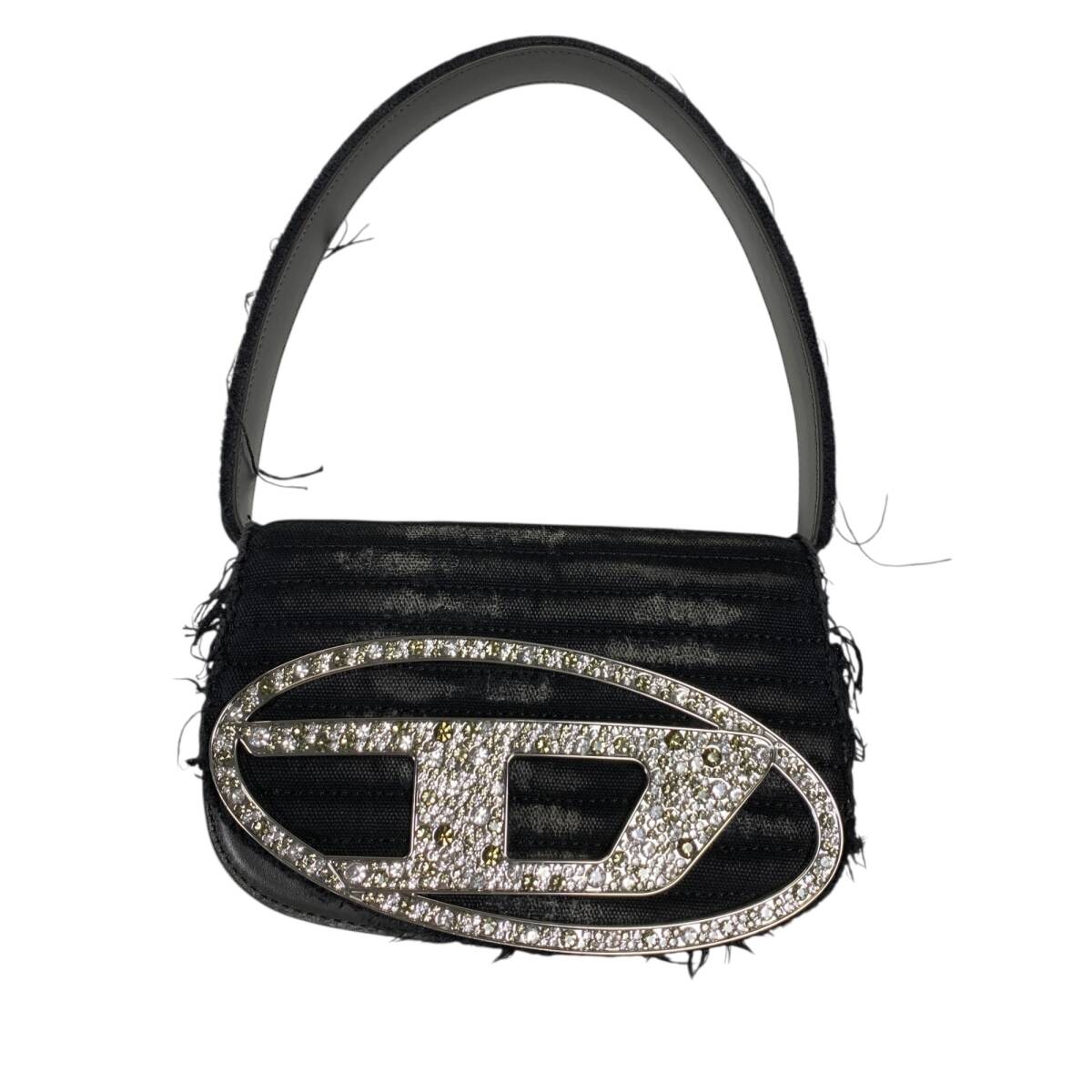 ◆中古品◆DIESEL ディーゼル 1DR Dロゴ レザーショルダーバッグ ハンドバッグ レディース ブラック×グレー系 ラインストーン Q91038NC