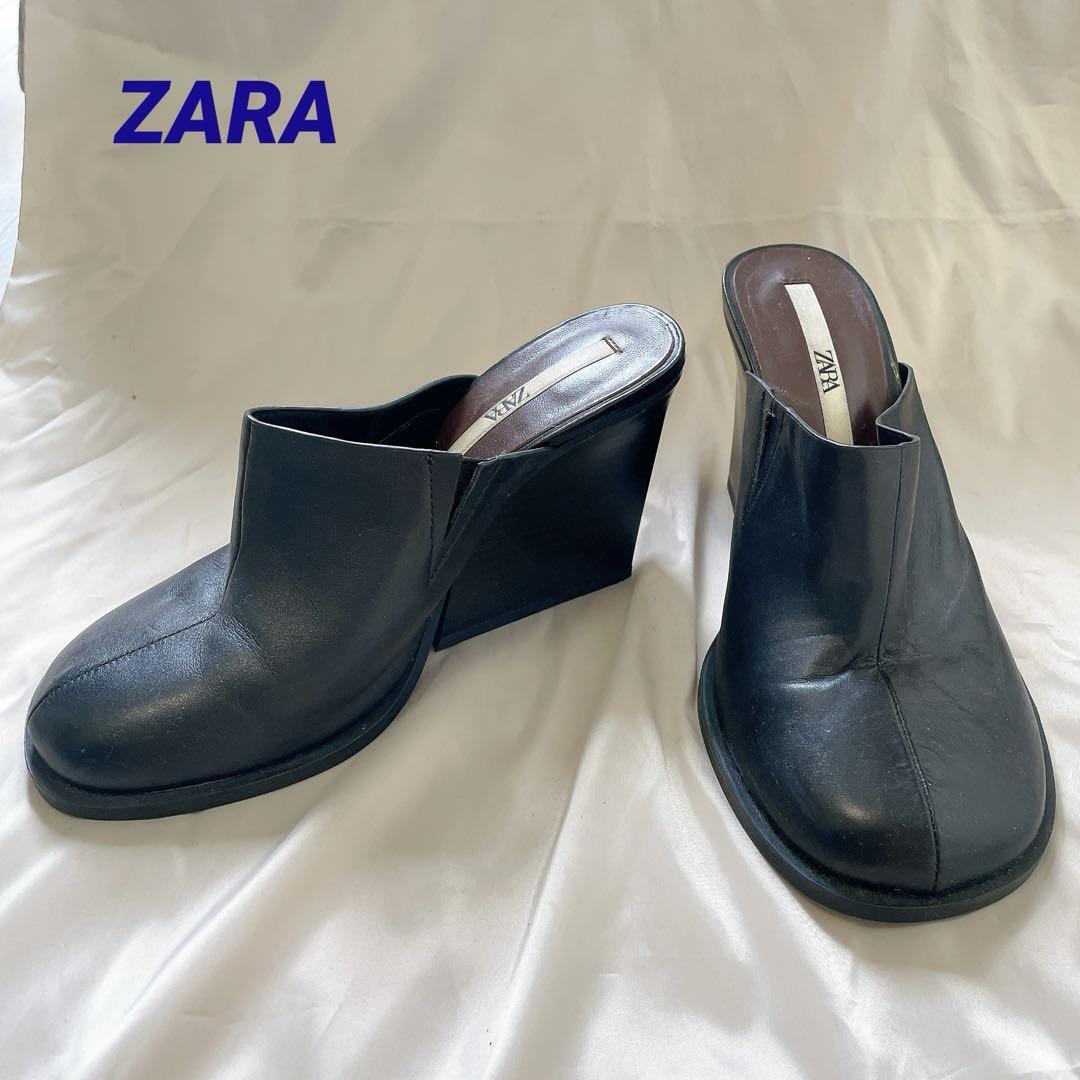 ZARA レザー ヒール サンダル 黒 ラウンドトゥ 37 24センチ