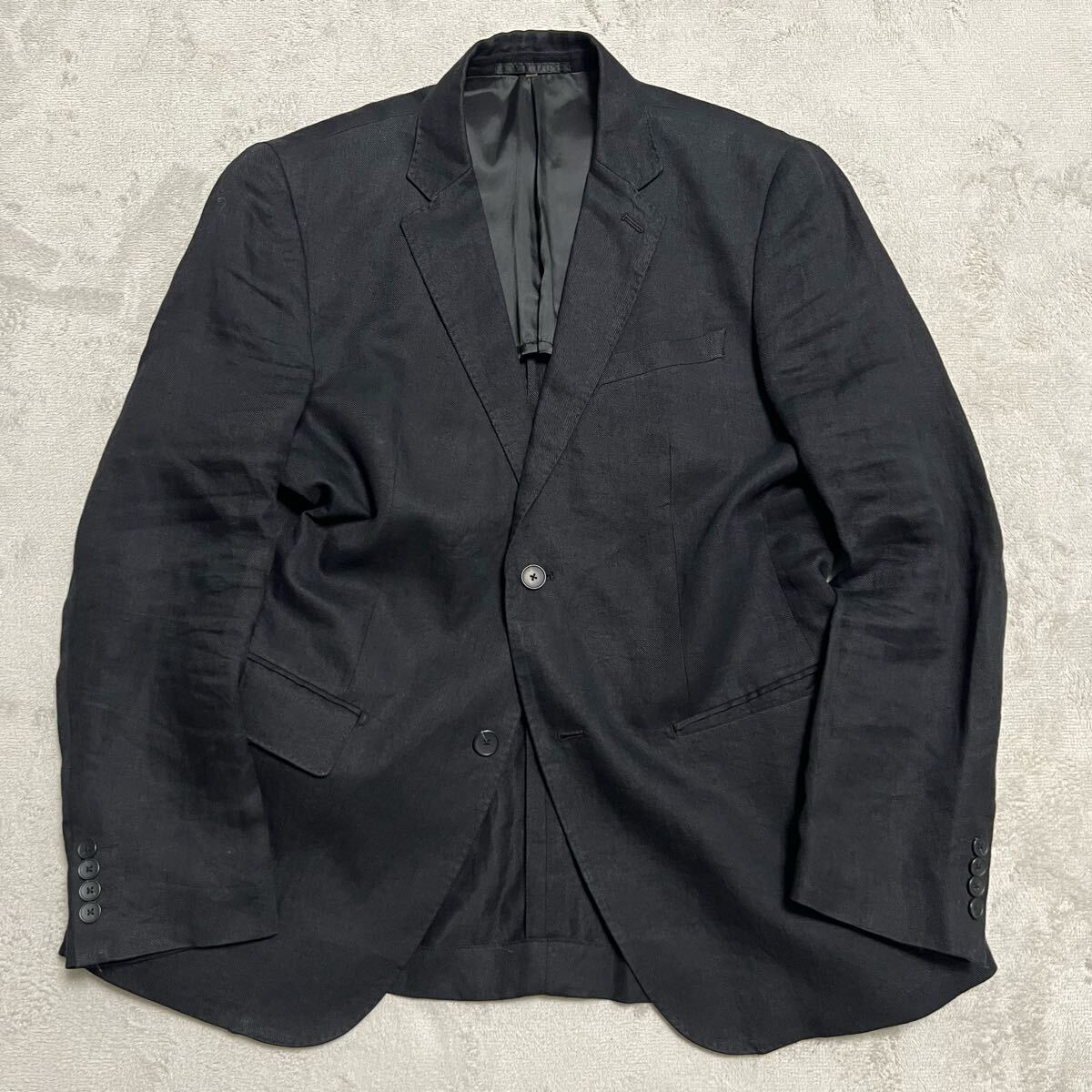 ★プレミアムリネン100%★美品 UNIQLO ユニクロ 麻 テーラードジャケット ブレザー 黒 ブラック サイズXL 春夏 クールビズ メンズ R-7856
