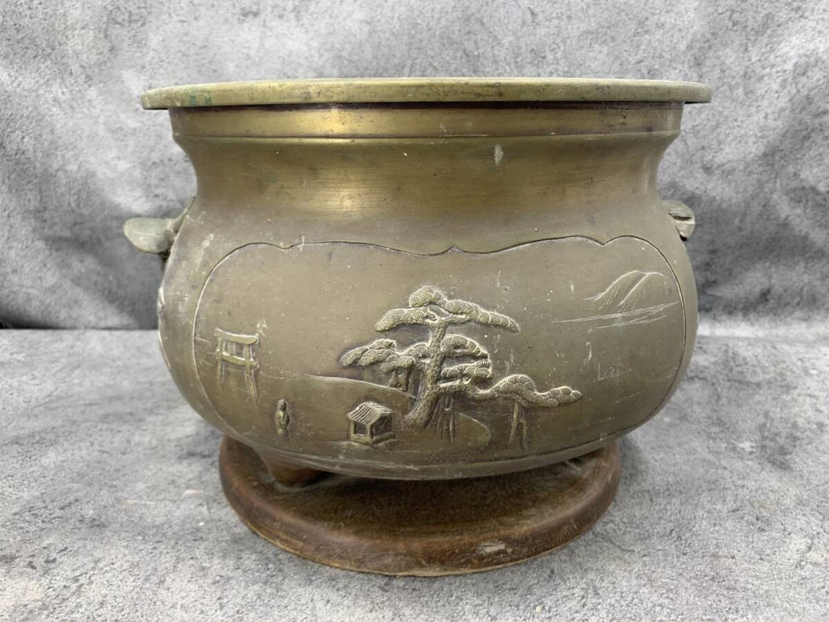 【 レトロ アンティーク 銅製 火鉢 】松 風景 火鉢 古銅 銅器 古道具 骨董 唐銅 時代物