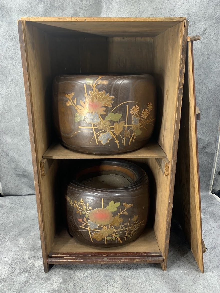 【 火鉢 木製 2個 共箱 】蒔絵 刳り貫き 桐火鉢 骨董 茶道具 煎茶道具 古道具 古民家 アンティーク レトロ
