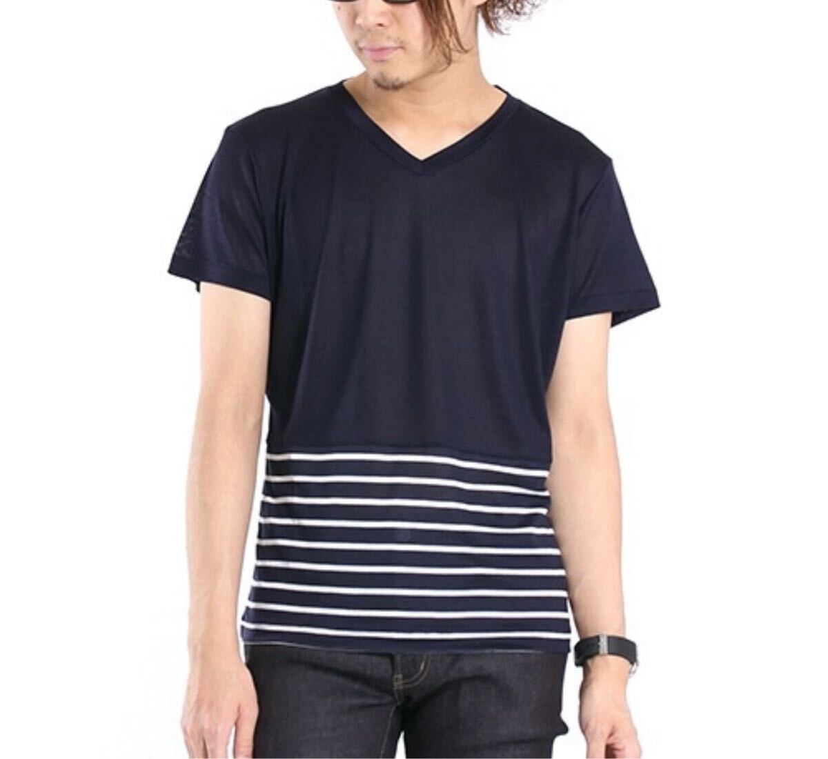 新品未使用　ラウンジリザード　ボーダーマリンカラーカットソー　 半袖カットソープルオーバー Tシャツ　attachmentアタッチメント