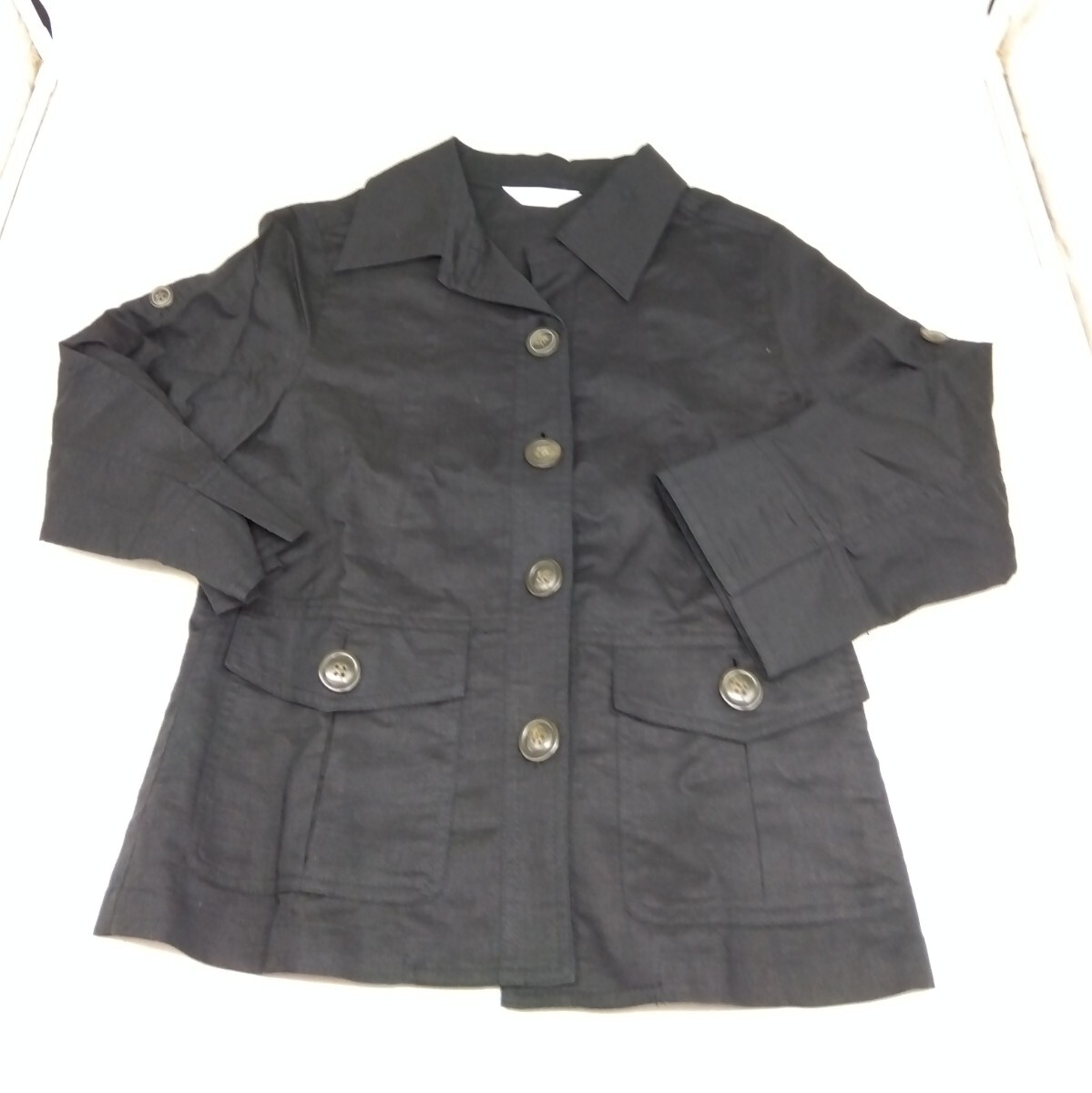 【保管品】薄手 レディース ミニタリー ジャケット 黒 麻 綿 春夏用 薄手 七分袖 長袖 中国製 カジュアル 上品 コート ポケット DM0723O