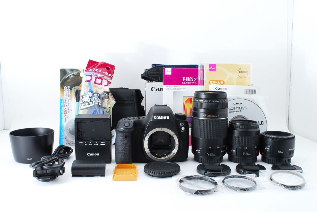 Canon EOS 6D Mark II標準&望遠&単焦点トリプルレンズセット/50㎜1:1.8 II/EF35-80㎜1:4-5.6III/75-300㎜F4-5.6 III USM 
