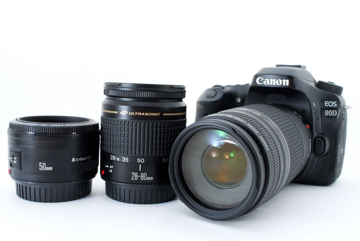 Canon EOS 80D標準&望遠&単焦点トリプルレンズセット/EF 50㎜1:1.8 II/EF 28-80㎜1:3.5-5.6V USM/EF 75-300㎜F4-5.6 III USM