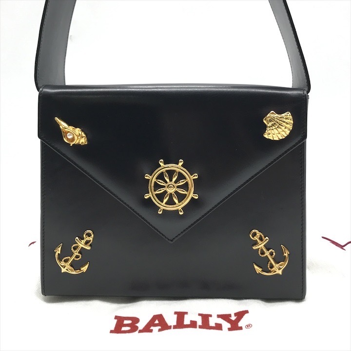 美品 BALLY バリー マリン ゴールド金具 ヴィンテージ レザー ボックス型 ショルダー バッグ ブラック レディース ブランド a9206