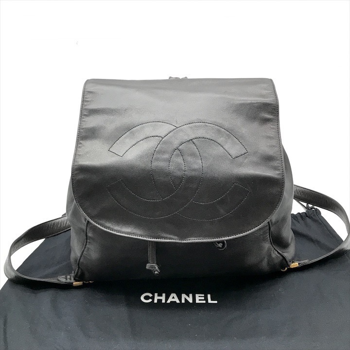良品 CHANEL シャネル デカココ マーク バックパック ラムスキン リュック ブラック レディース かばん 鞄 k5445