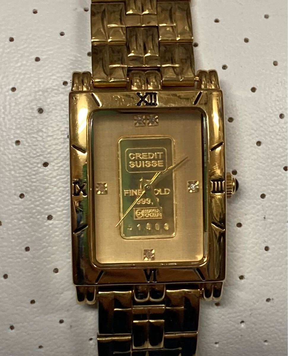 稼働品 美品♪ ELGIN エルジン スクエア K24 インゴット 金 ゴールド プレート 1g 5pダイヤ 腕時計 約73.27g クオーツ (管理KT259）