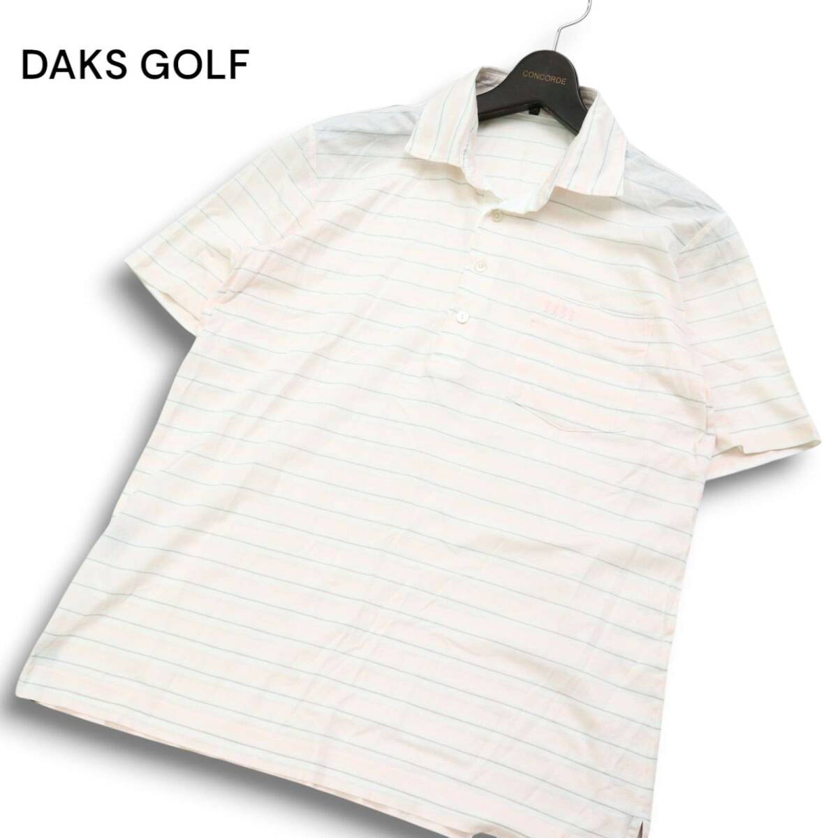 DAKS GOLF ダックス ゴルフ 春夏 麻 リネン★ ロゴ刺繍 半袖 ボーダー ポロシャツ ゴルフウェア Sz.M メンズ 日本製