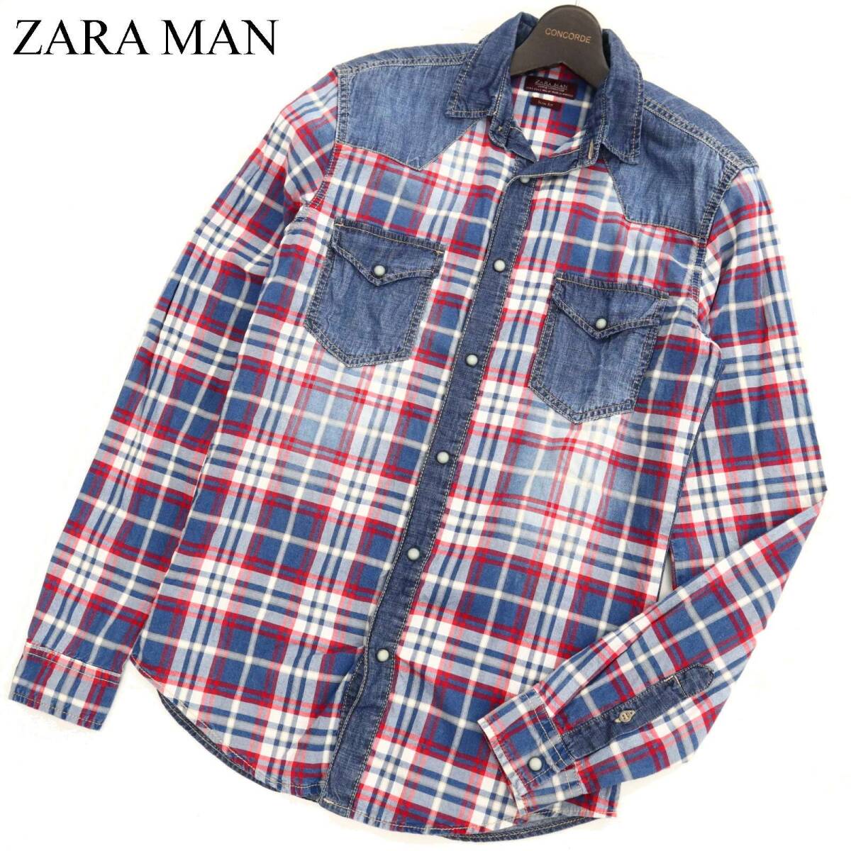 ZARA MAN ザラ マン 通年 SLIM FIT USED加工★ デニム切替 長袖 ウエスタン チェック シャツ Sz.S　メンズ