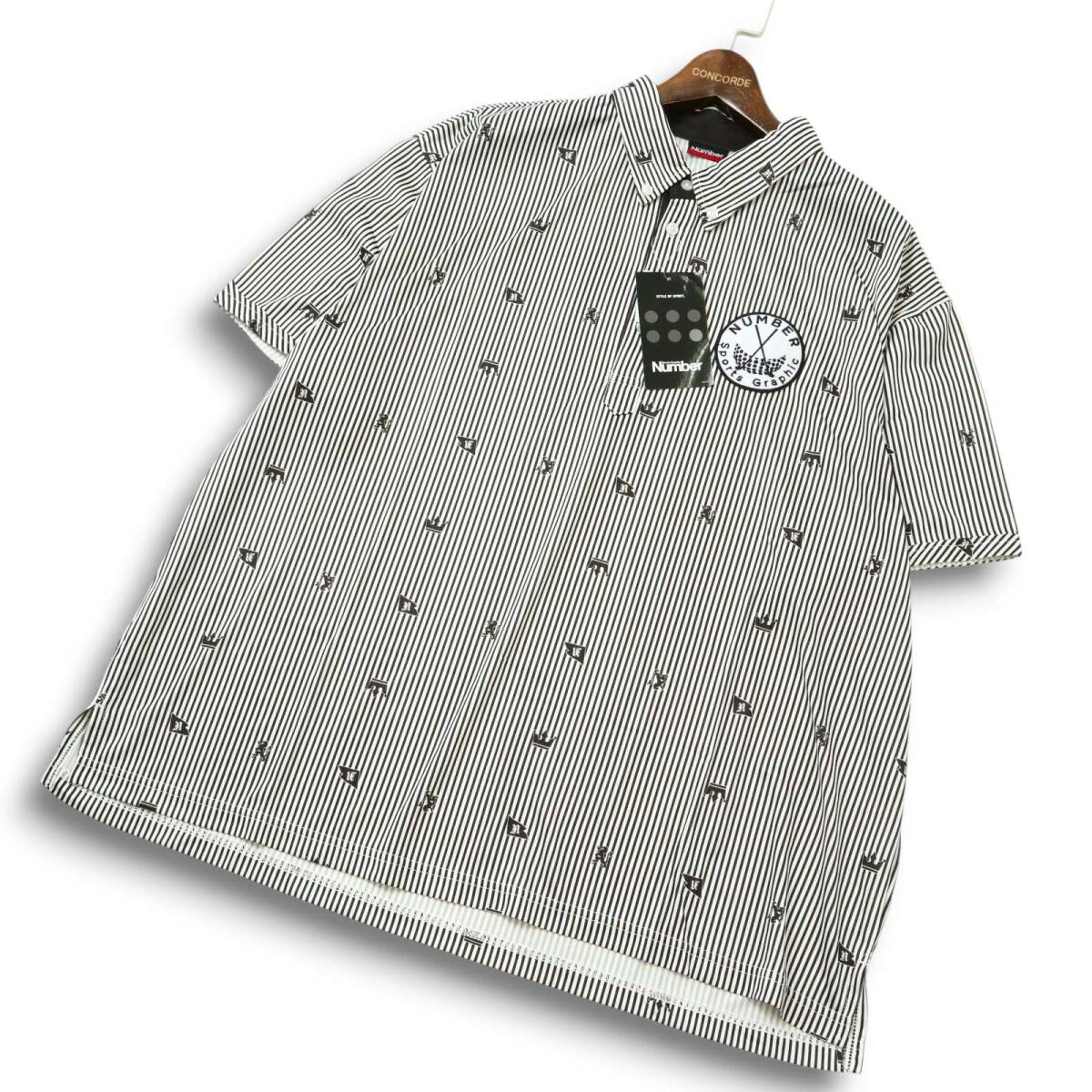 【新品 未使用】 NUMBER ナンバー ロゴワッペン★ ストライプ 総柄 半袖 BD ポロシャツ Sz.4LG メンズ 大きい 特大 ゴルフ